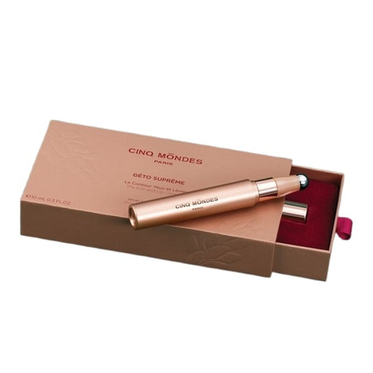 Géto Suprême Le Contour Yeux Lèvres Cinq Mondes, soin anti-âge raffermissant pour le contour des yeux et des lèvres, avec applicateur massant.
